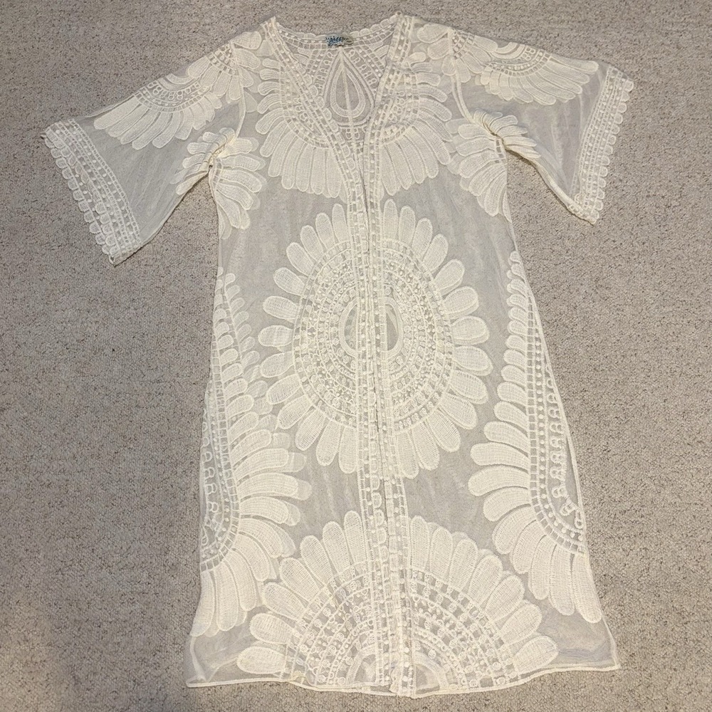Rebellion Again Sz S Ivory Lace Sheer Kimono Duster Cardigan Boho Embroidered - Picture 7 of 12